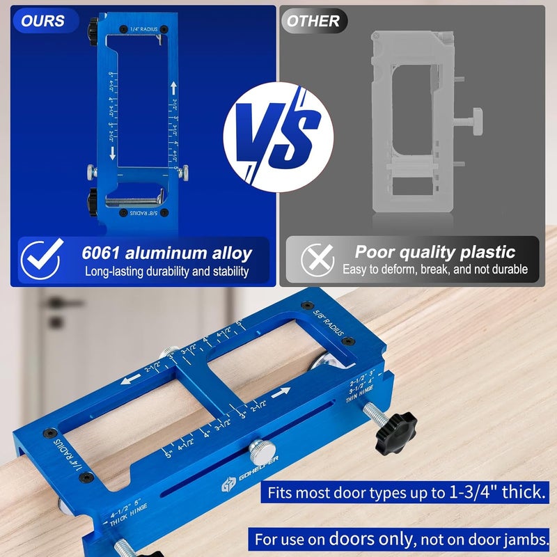 Gohelper Door Hinge Jig, Aluminum Alloy Door Hinge Template Kit for Router, Adjustable Mortise Jig Fits Door Hinges from 2.5" to 5" Length, 1/4" Radius, 5/8" Radius and Square Corner Types, Not on Door Jambs - Image 3